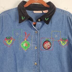 Vintage Denim Christmas Embroidered Button-down Shirt sz XL contrast collar 90s